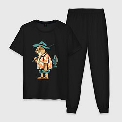 Пижама хлопковая мужская Кот рыбак, цвет: черный