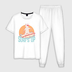 Пижама хлопковая мужская Surfs Up Кот сёрфер на гребне волны, цвет: белый