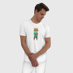 Пижама хлопковая мужская Кот с кружкой, цвет: белый — фото 2