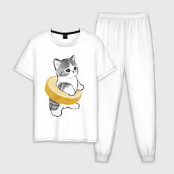 Пижама хлопковая мужская Котёнок в бублике, цвет: белый