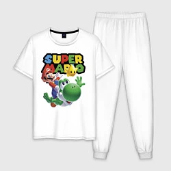 Пижама хлопковая мужская Марио и Йоши в полёте, цвет: белый