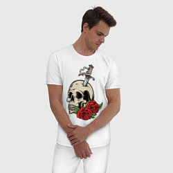 Пижама хлопковая мужская Череп с розами, цвет: белый — фото 2