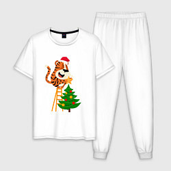Пижама хлопковая мужская Тигр украшает елку 2022, цвет: белый
