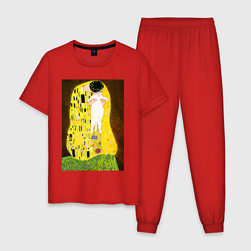 Мужская пижама Густав Климт влюблённые поцелуй с котом / Красный – фото 1