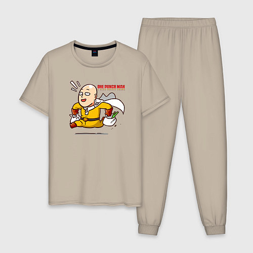 Мужская пижама Счастливый Сайтама с пакетами продуктов One Punch- / Миндальный – фото 1