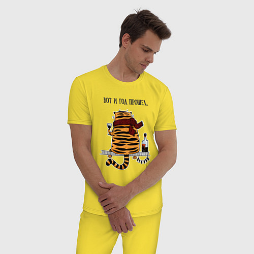 Мужская пижама Тигр грустит с бутылкой вина / Желтый – фото 3