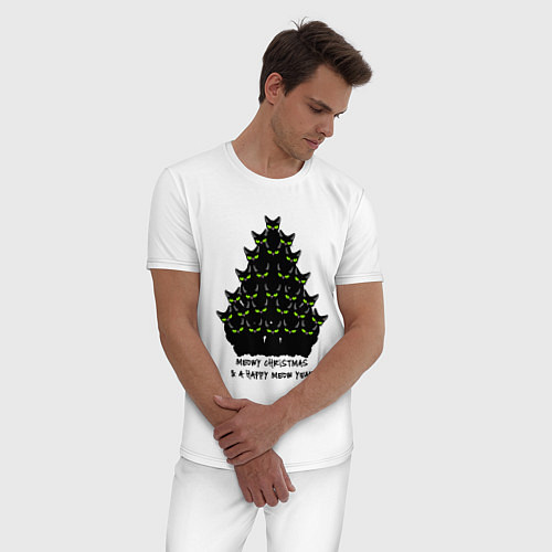 Мужская пижама Новогодняя елка из черных котов / Белый – фото 3