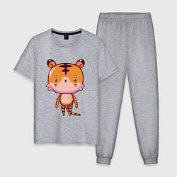 Пижама хлопковая мужская 2022 Удивленный тигр, цвет: меланж