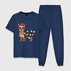 Пижама хлопковая мужская Йоркширский терьер новогодний, цвет: тёмно-синий