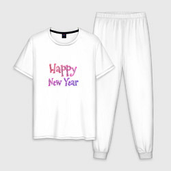 Пижама хлопковая мужская Неоновая Надпись Новый Год Happy New Year, цвет: белый