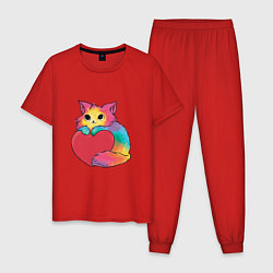 Пижама хлопковая мужская Влюбленный котик держит сердце, цвет: красный