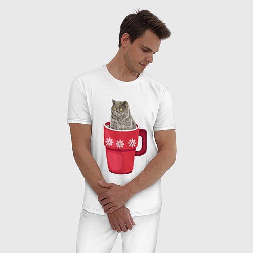 Мужская пижама Удивленный кот в кружке / Белый – фото 3