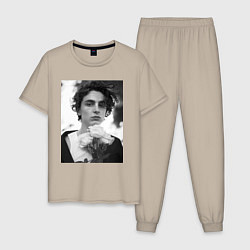 Пижама хлопковая мужская Timothee Chalamet с розами, цвет: миндальный