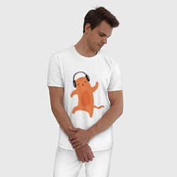 Пижама хлопковая мужская Котик в наушниках 2022, цвет: белый — фото 2