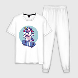 Пижама хлопковая мужская Единорожка на скейте, цвет: белый