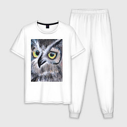 Пижама хлопковая мужская Взгляд жёлтых глаз лесной совы, цвет: белый