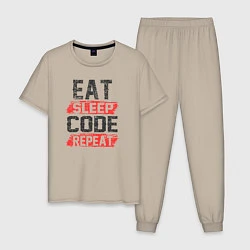 Пижама хлопковая мужская EAT SLEEP CODE REPEAT, цвет: миндальный