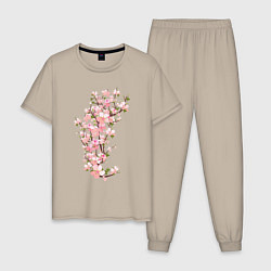 Пижама хлопковая мужская Весна Цветущая сакура Japan, цвет: миндальный