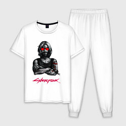 Пижама хлопковая мужская Джонни в красных очках Cyberpunk 2077, цвет: белый