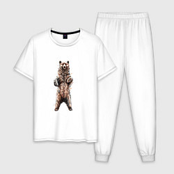 Пижама хлопковая мужская Медведь стоит на задних лапах, цвет: белый