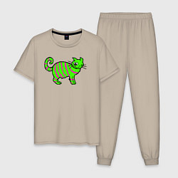 Пижама хлопковая мужская Зеленый полосатый кот, цвет: миндальный