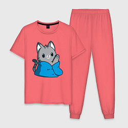 Пижама хлопковая мужская Кот в одеяле, цвет: коралловый