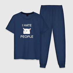 Пижама хлопковая мужская I hate people, текст с белым мемным котом, цвет: тёмно-синий