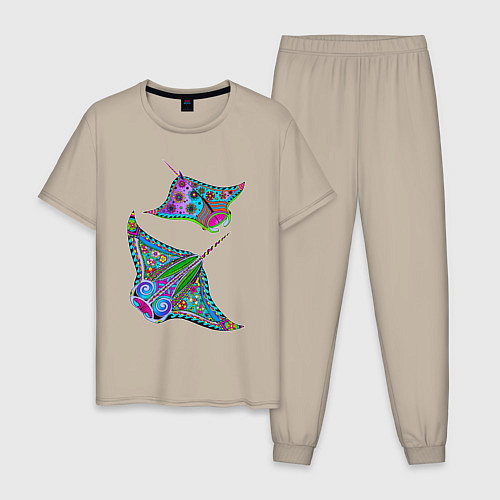 Мужская пижама Скаты с психоделической раскраской / Миндальный – фото 1