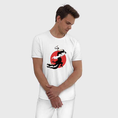 Мужская пижама Чёрный дракон на фоне красного солнца / Белый – фото 3