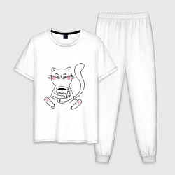 Мужская пижама Белый кот с кофе