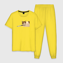 Пижама хлопковая мужская Бело-рыжий кот с ножом, цвет: желтый