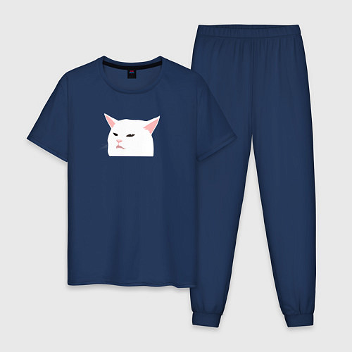 Мужская пижама Белый кот из мема / Тёмно-синий – фото 1
