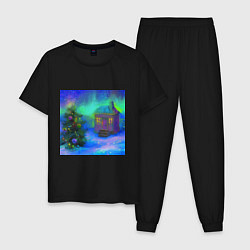 Пижама хлопковая мужская Новогодний живописный пейзаж, цвет: черный