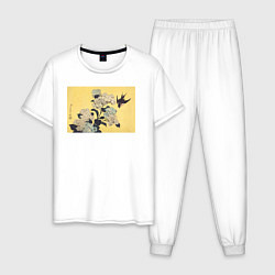 Пижама хлопковая мужская Hydrangea and Swallow Ласточка, цвет: белый