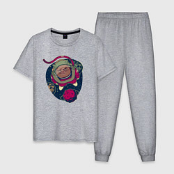 Пижама хлопковая мужская Строгий взгляд кота астронавта, цвет: меланж