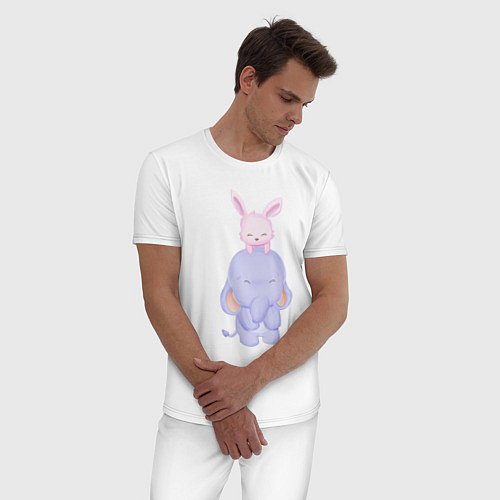 Мужская пижама Милый Слонёнок и Кролик Играют Вместе / Белый – фото 3