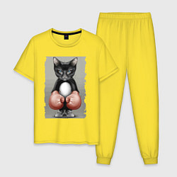 Пижама хлопковая мужская Крутой котяра в боксёрских перчатках Cool cat in b, цвет: желтый
