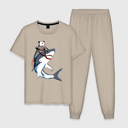 Пижама хлопковая мужская Опоссум верхом на акуле, цвет: миндальный