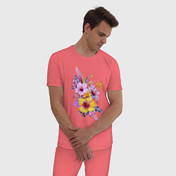 Пижама хлопковая мужская Цветы Разноцветные Гибискусы, цвет: коралловый — фото 2