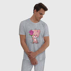 Пижама хлопковая мужская Котенок с розой, цвет: меланж — фото 2