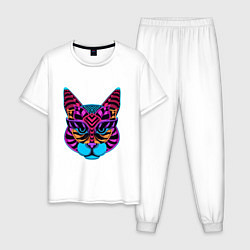 Пижама хлопковая мужская Кот гипноз, цвет: белый