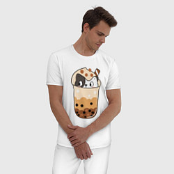 Пижама хлопковая мужская Довольный котик в стакане с мороженым, цвет: белый — фото 2