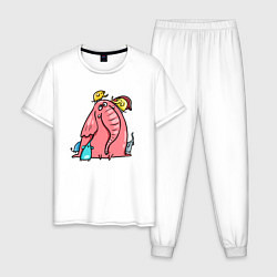 Пижама хлопковая мужская Розовая слоника со слонятами, цвет: белый
