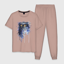 Пижама хлопковая мужская Прикольная сова в акварельном рисунке, цвет: пыльно-розовый