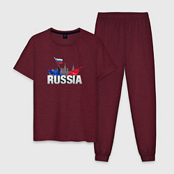 Пижама хлопковая мужская Russia объемный текст, цвет: меланж-бордовый
