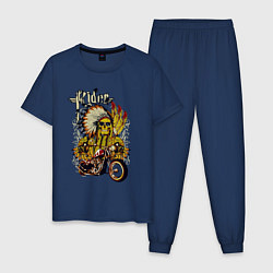 Пижама хлопковая мужская Множество черепов, байк и надпись, цвет: тёмно-синий