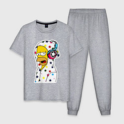 Пижама хлопковая мужская Гомер Симпсон в звёздном балахоне и в наушниках, цвет: меланж