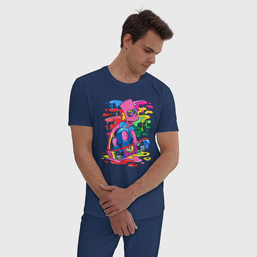 Мужская пижама Барт Симпсон - крутой скейтер - разноцветные клякс / Тёмно-синий – фото 3
