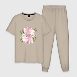 Пижама хлопковая мужская Розовые лилии, цвет: миндальный