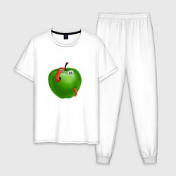 Пижама хлопковая мужская Яблоко с гусеницей, цвет: белый